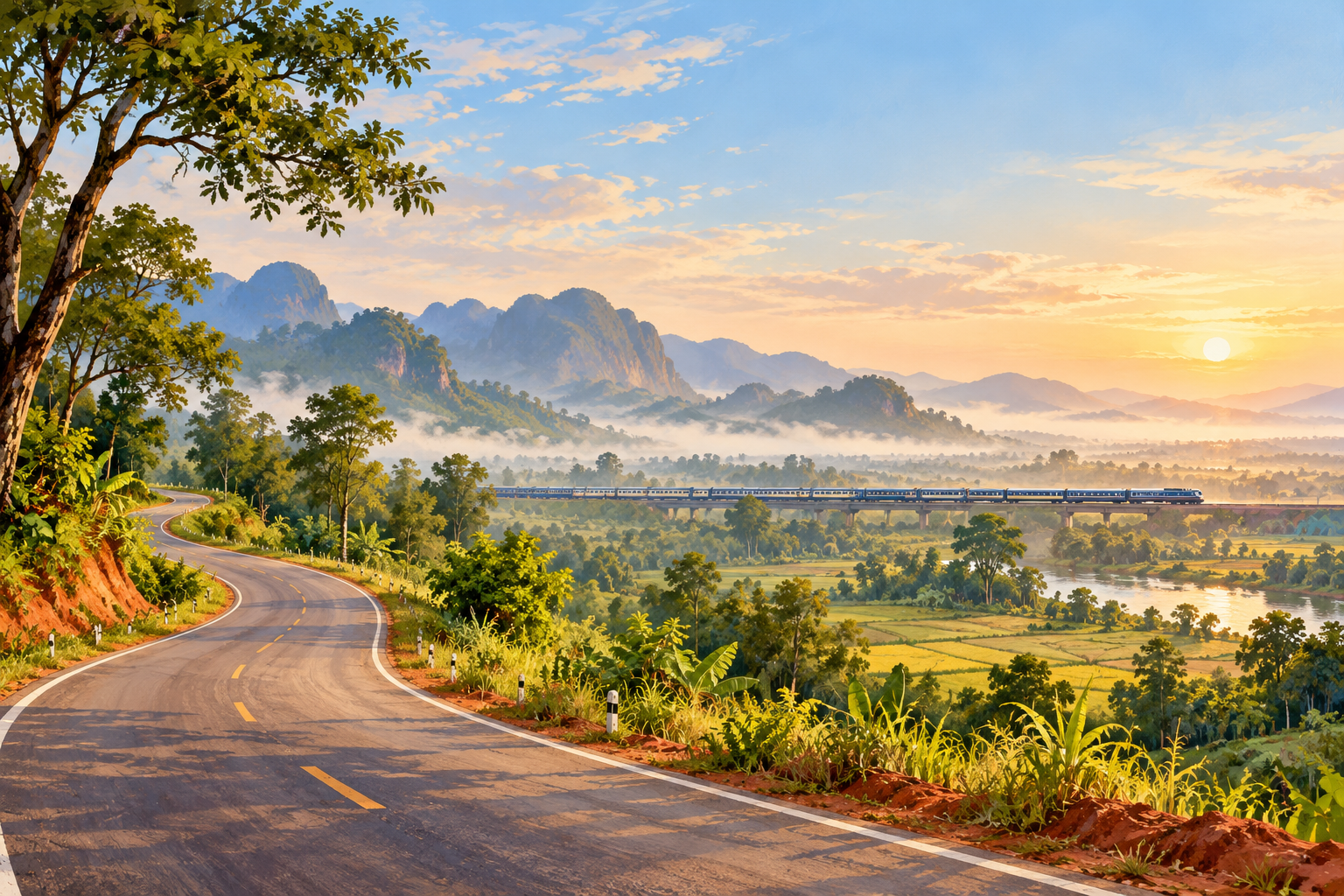 Illustration of an empty rural road through red-clay countryside, with a distant train crossing a plain beneath low hills.