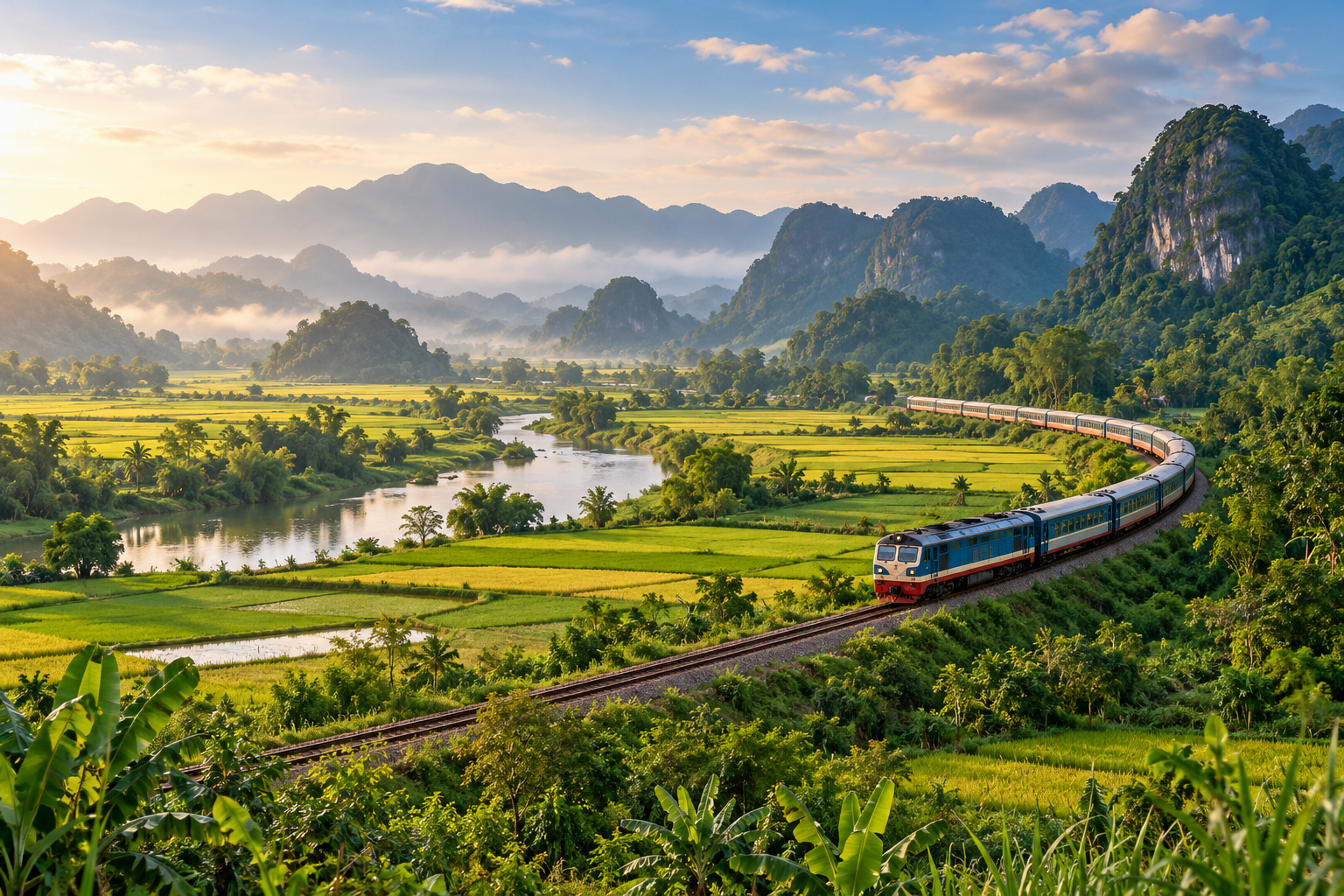 AI-generated illustration of a regional passenger train crossing green countryside in Vietnam.