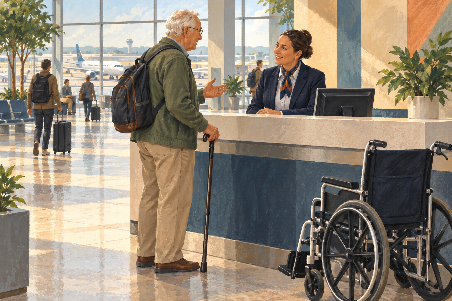 Traveler with a cane discussing assistance with an airline worker beside a wheelchair.