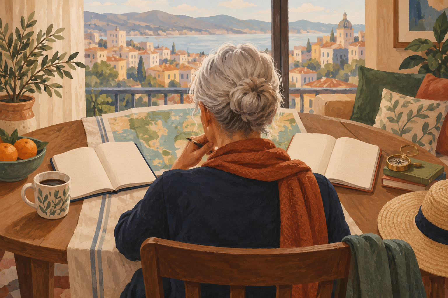 Traveler comparing possible trial stays at a table by a city window.